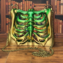 Load image into Gallery viewer, Emerald &amp; Gold Ribcage Bag – Vintage Storybook Lining
